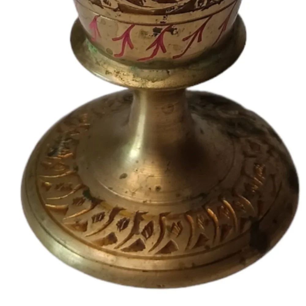 Brass Etched Enamel Inlaid Bud Vase Vintage Made in India